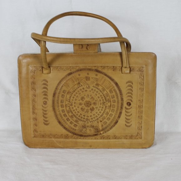 VTG AZTEC MEXICAN LEATHER FIESTA Purse Large Handtooled Tan Leather Shoulder Bag